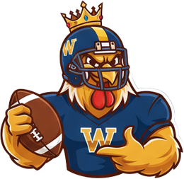 WWCD rooster mascot in a football helmet